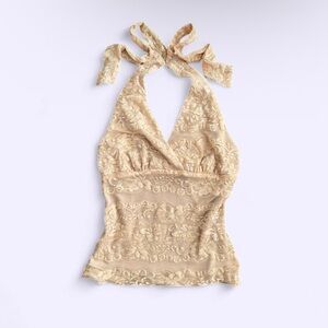 Vintage White House Black Market Lace Halter Top Tan USA XS